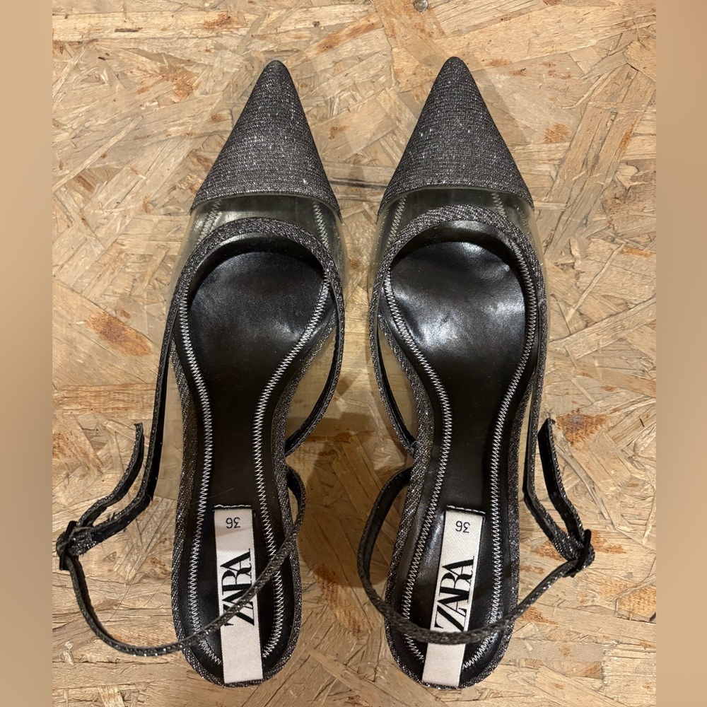 ZARA Sparkly Vinyl Slingback Heels - Black Glitter & Clear - Size 6